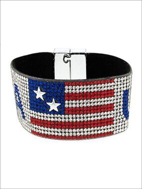 PU Leather Rhinestone Wrap Cuff Bracelet Magnetic Clasp Patriotic Jewelry Gift